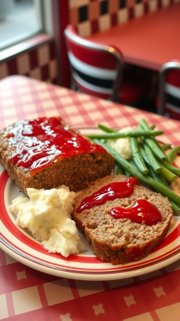 Classic 1950s Diner Meatloaf Recipe Slice of glazed meatloaf with mashed potatoes and green beans on a retro diner plate.